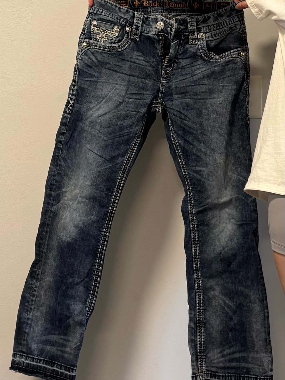 Rock Revival Blue Denim Jeans with Gold Embroidery